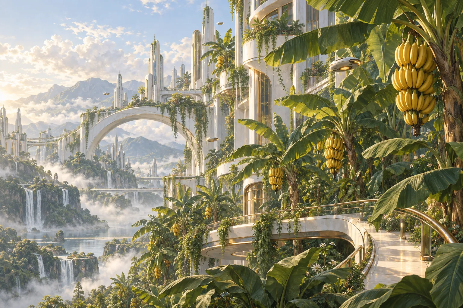 Illustration: a futuristic white city overgrown by a banana jungle, bunches of ripe bananas in the foreground