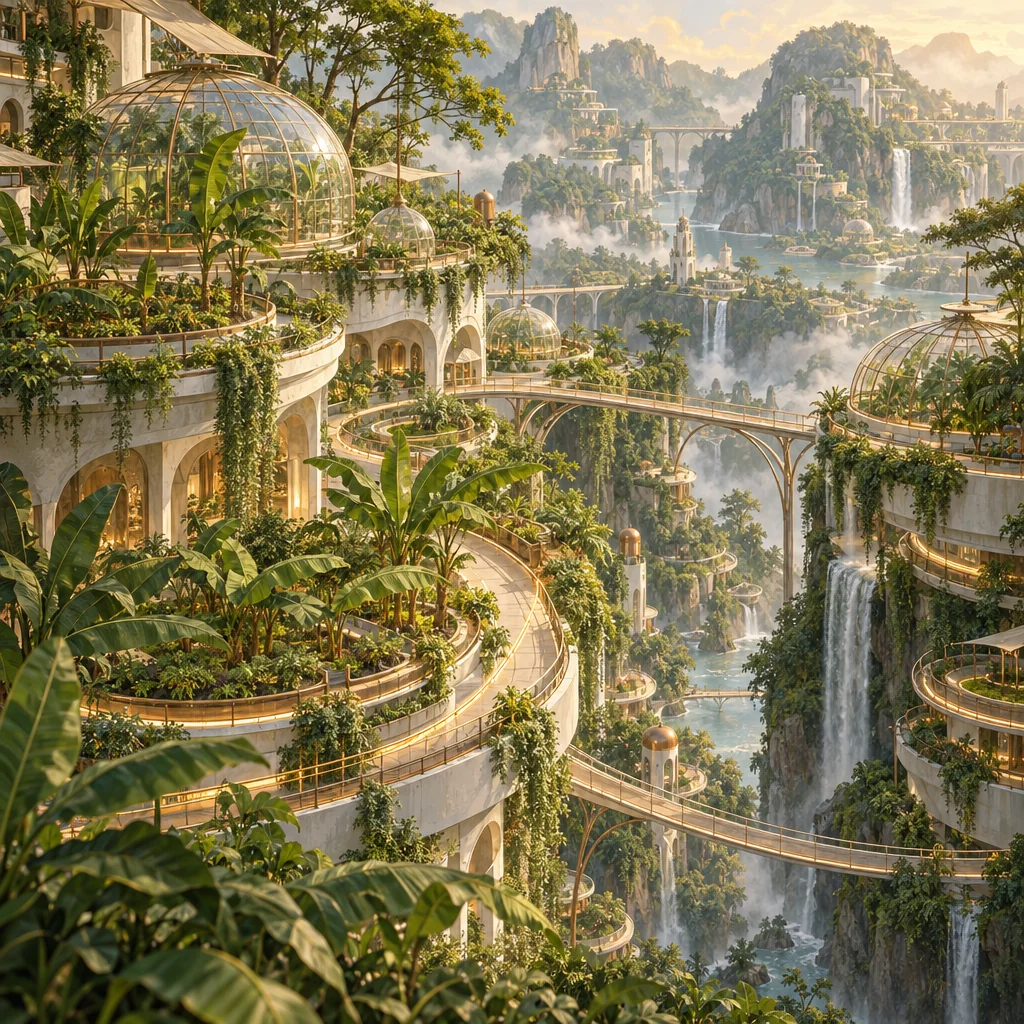 Illustration: terraced garden city of white platforms, glass domes and banana plants above a misty valley