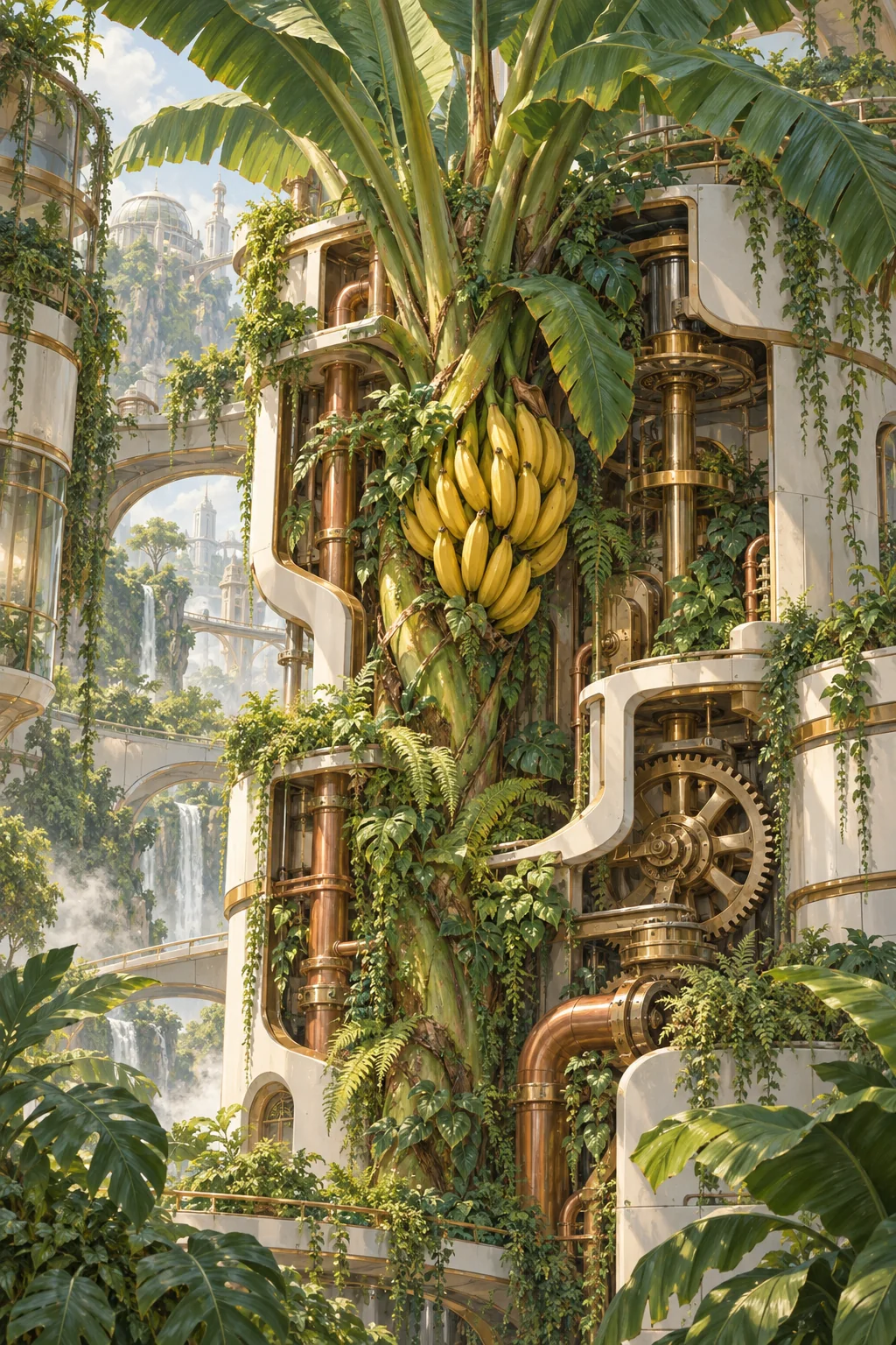 Illustration: a giant banana tree growing through a machine of copper pipes and brass gears